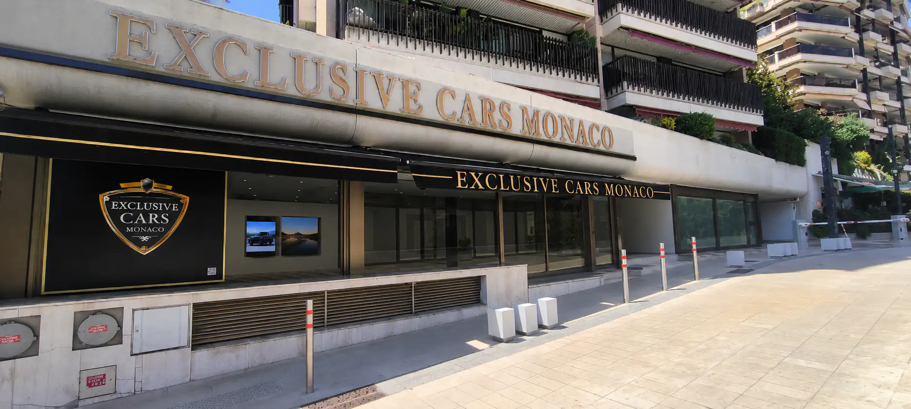 Facade of the Exclusive Cars Monaco showroom at 1 Rue du Portier